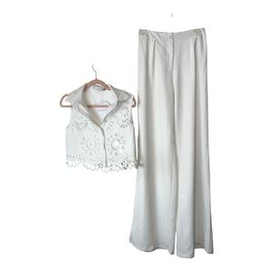 Chicways White Two Piece Set Eyelet Cutout Top Wide Leg Pants S NWT